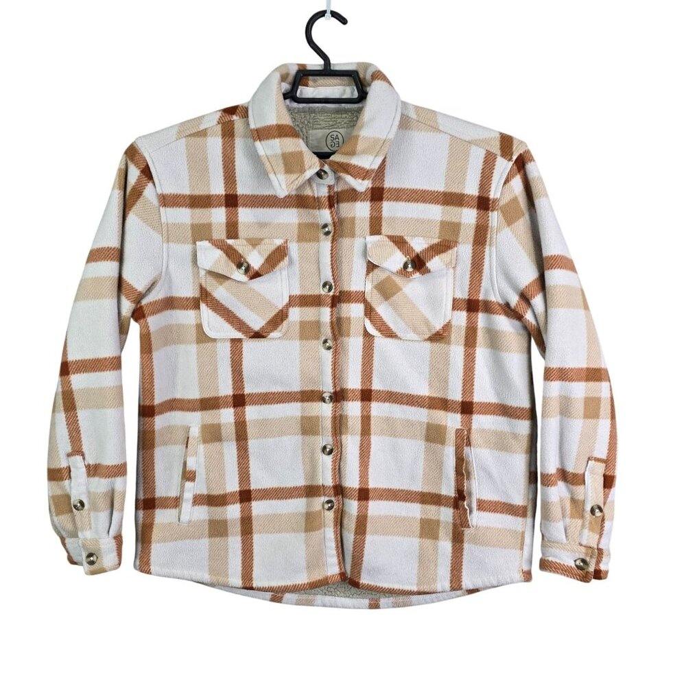 Womens Sage Collective Shacket Beige & Brown Plaid Button Up Long Sleeve Size L